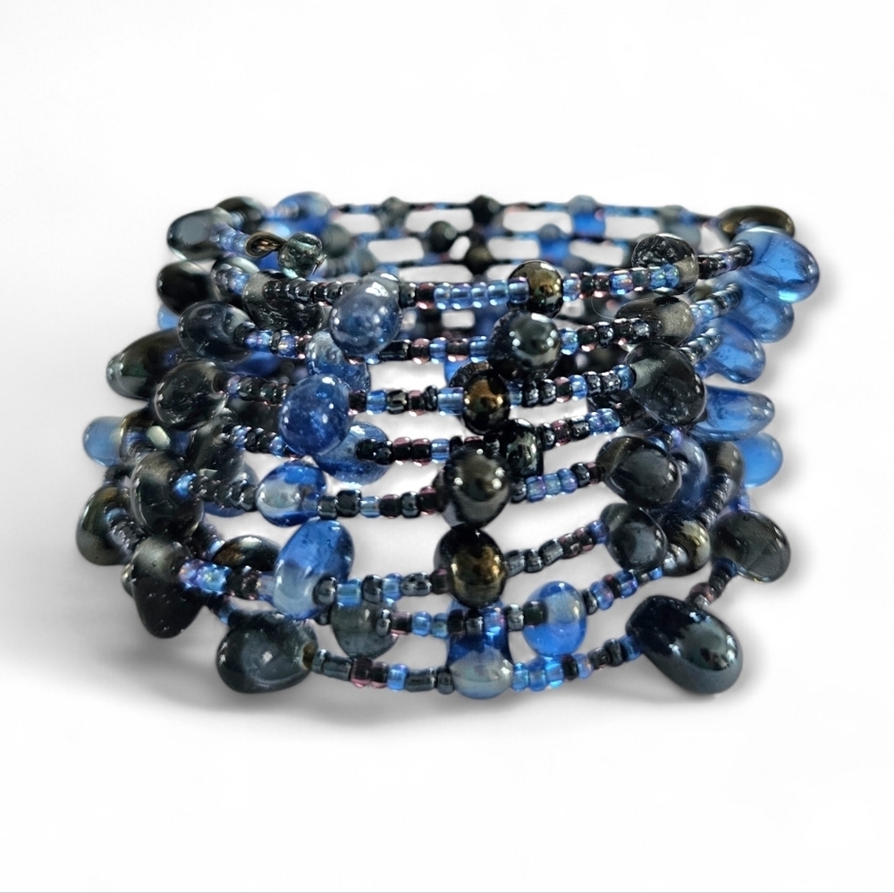 Blue Crystal Beaded Coil Wrap Bracelet, 8-Layer Glass Seed Bead Boho Jewelry